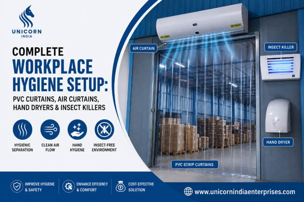 Complete Workplace Hygiene Setup: PVC Curtains, Air Curtains, Hand Dryers & Insect Killers
